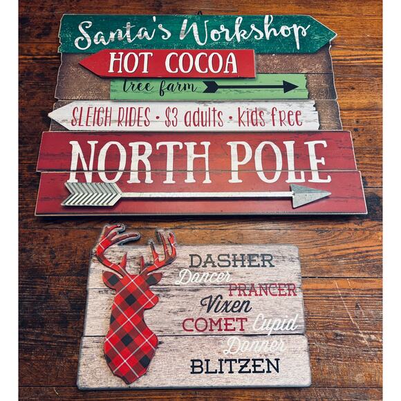 Set of 2 Rustic Wooden Winter Christmas Signs - Santa’s Workshop and Reindeer - Picture 4 of 8